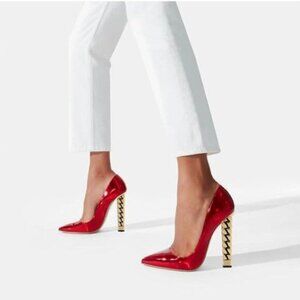 FSJ Women Gold Metal Chain Chunky High Heel Pointed Toe Slip On  Party Pumps
